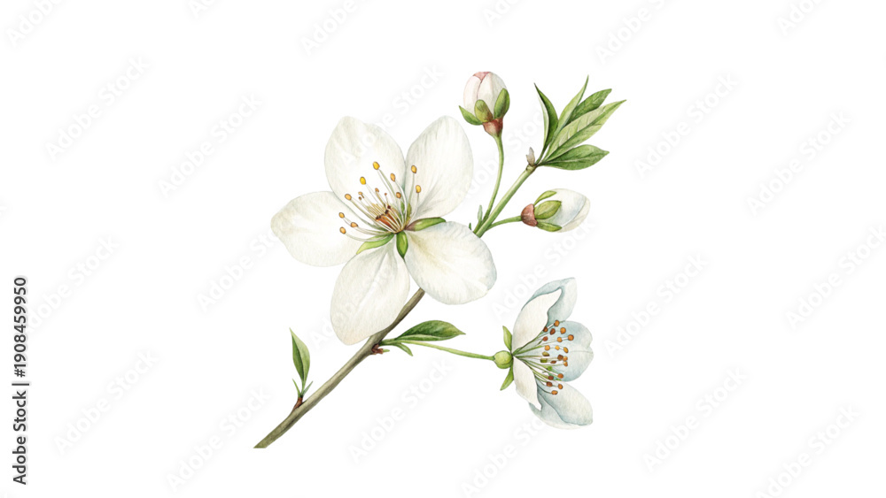 Fototapeta premium White Flowers Green Leaves Stem White Background Botanical