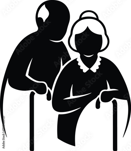 Icon of an elderly couple, senior man and woman, standing together with walking sticks, simple silhouette illustration on white background