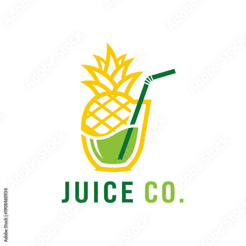 A vibrant logo featuring a stylized pineapple transforming into a glass of green juice with a straw, representing a juice company.