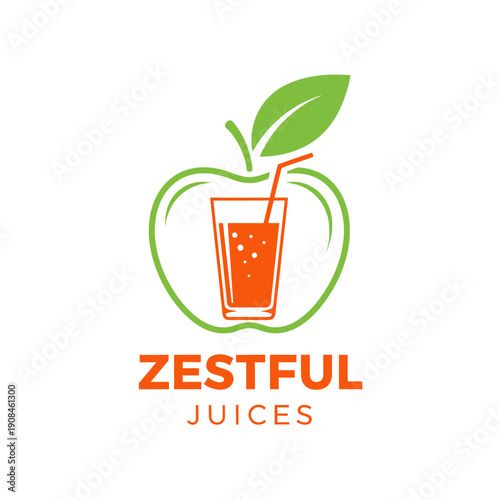 Logo for Zestful Juices featuring a green apple outline with a leaf, enclosing a glass of orange juice with a straw, against a white background.