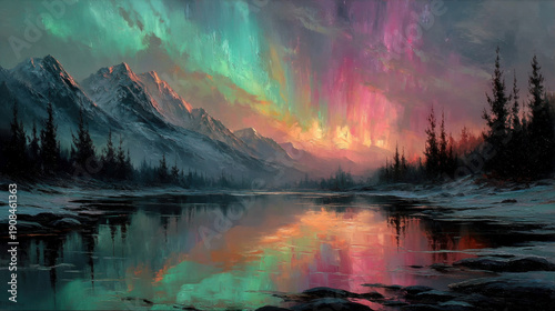 Stunning mountain landscape with vibrant northern lights, colorful sunset reflection, tranquil water, and scenic outdoor wilderness scene capturing natural beauty