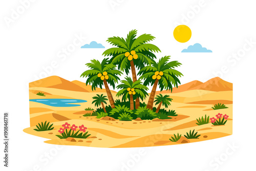 In spring, lush palm trees unexpectedly grow in a desert setting