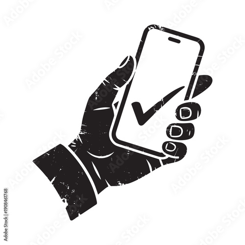 A hand holding a smartphone displaying a checkmark icon