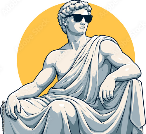 Cool Classical: A timeless marble statue, evoking ancient Greece, stands proudly, surprisingly wearing modern sunglasses on a vivid yellow background