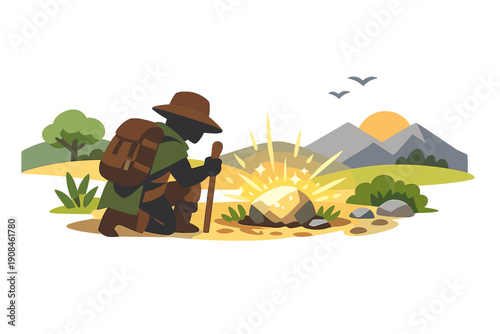 A traveler stumbles upon a radiant stone amid their journey, an unexpected marvel