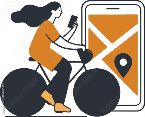 Woman Rides Bicycle While Using Navigation App on Smartphone