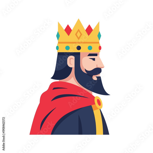 Flat King Character Illustration with Crown and Red Cape