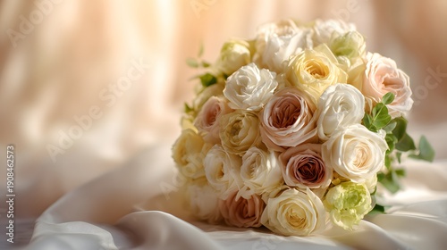 Elegant Wedding Bouquet of Soft Pastel Roses and Peonies on Silk Fabric.