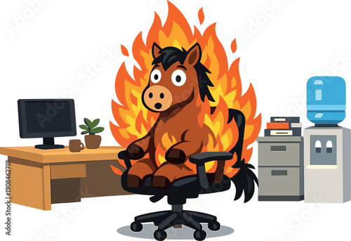 A funny digital drawing shows a flaming horse sitting in an office chair, producing a whimsical yet surreal contrast within a contemporary workplace