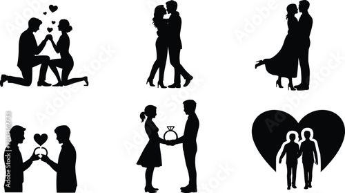 Black silhouettes of couples in romantic poses with heart symbols and engagement ring exchange