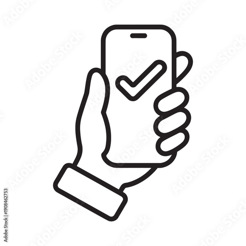 Hand holding a smartphone displaying a check mark icon