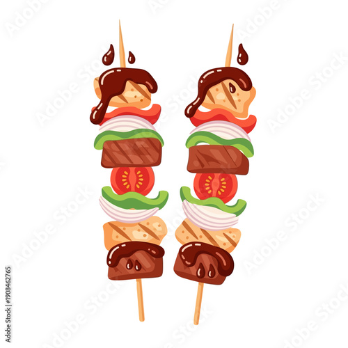 Delicious Grilled Kebab Skewers with Meat, Vegetables, and Sauce