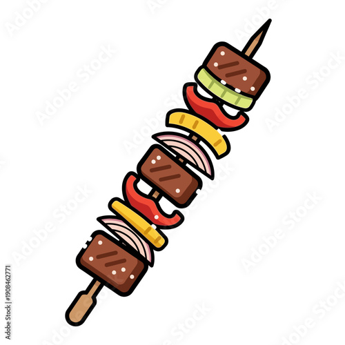 Colorful Skewer with Meat and Vegetables, Flat Design Icon