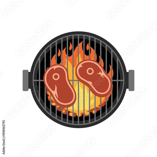 Two Raw Steaks Grilling Over Fiery Flames on Barbecue Grill