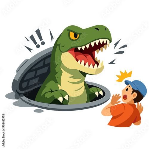 Unexpected Dinosaur Encounter: T‑Rex Pops Out of a Manhole Against a White Background