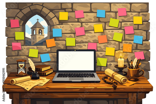 Colorful Post-It notes unexpectedly decorate the stone walls of the monastery, offering a cheerful contrast to the laptop centered on a busy monk's desk