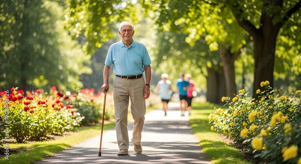 Fototapeta premium Senior Man Walking in Park for Active Aging and Health