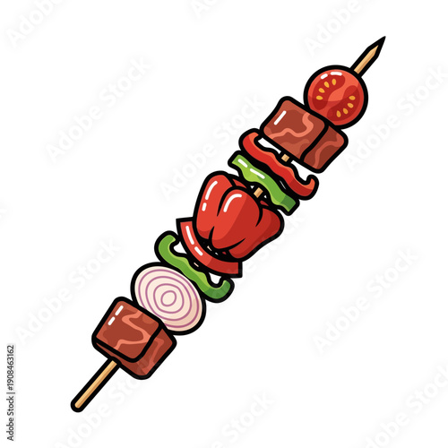 Cartoon Kebab Skewer with Meat, Vegetables and Tomato on White Background
