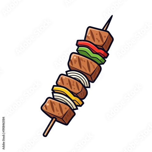 Grilled Meat Skewer with Vegetables - Cartoon Style