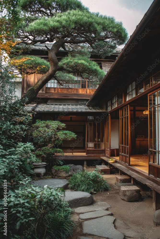 Fototapeta premium Traditional japanese house showcasing historic architecture and garden in warm sunlight