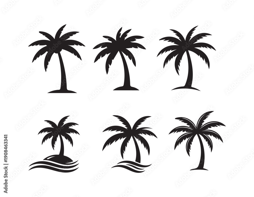 Fototapeta premium Set of tropical palm tree silhouettes, vector icons for design