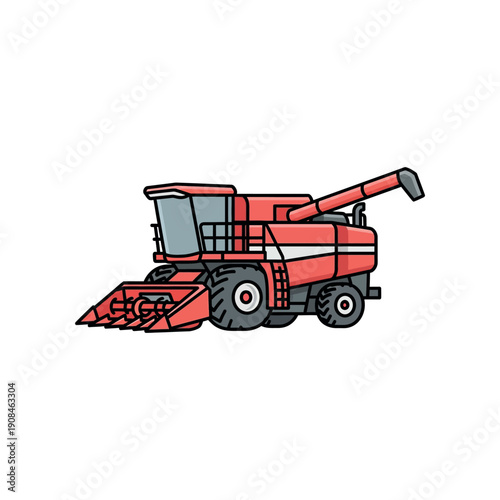 Red combine harvester in action, harvesting crops in a field, viewed from the side, digital illustration