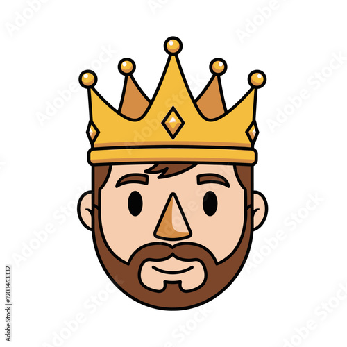 Cartoon King Face with Crown and Beard - Royalty and Power Icon