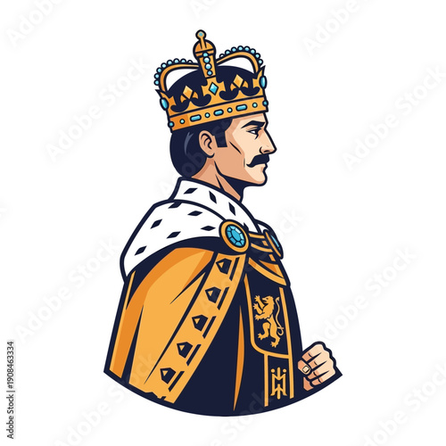 Majestic King in Crown and Royal Robes, Profile View, Cartoon Style