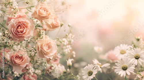 Soft Focus Vintage Roses and Daisies Floral Arrangement.