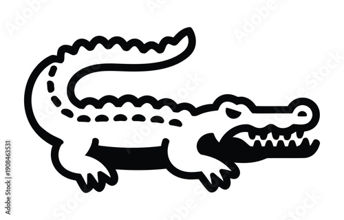 Stylized black and white outline illustration of a fierce crocodile or alligator with its mouth open, showcasing its sharp teeth and textured body.