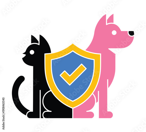 Illustration of a black cat and a pink dog sitting together, protected by a blue shield with a yellow checkmark, symbolizing pet safety and insurance.