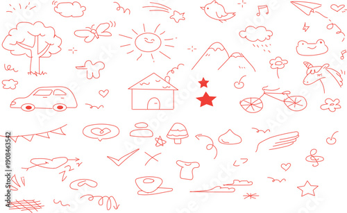  set of hand-drawn doodles, also described as a whimsical doodle set or a collection of fun and random line art