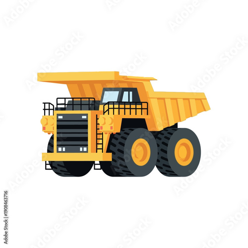 Large yellow mining dump truck illustration on white background, viewed from the side.