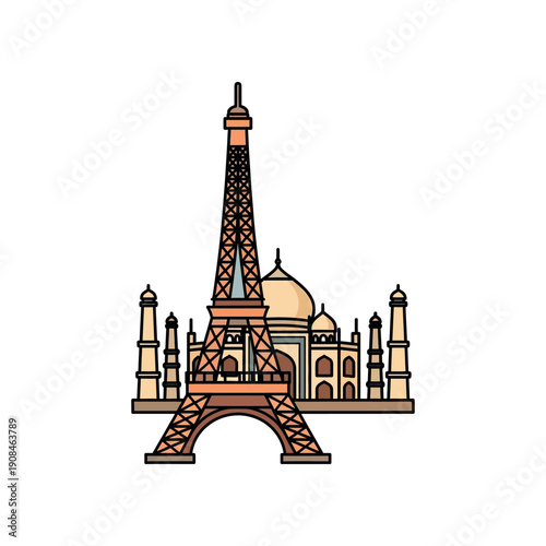 Illustration of Eiffel Tower and Taj Mahal side by side in a graphic design