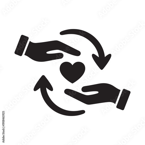 Hands cradling a heart with circular arrows representing care and support