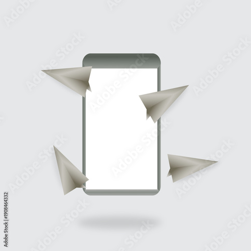 modern vector illustration of smartphone with flying paper planes around the screen. concept of mobile communication, message sending, digital marketing, email delivery, online notification