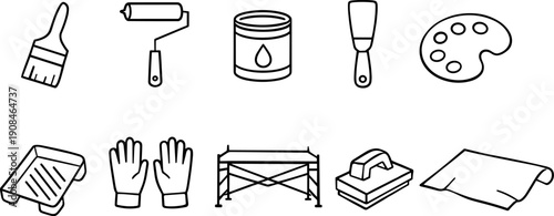 Collection of simple line art icons representing painting and renovation tools
