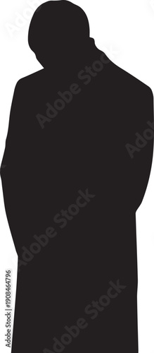 Man with bowed head in thoughtful prayer or contemplation silhouette graphic illustration vector