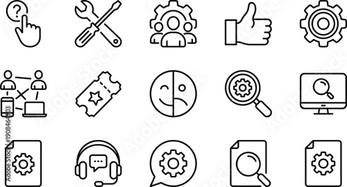 Linear vector icon set for customer support and technical assistance featuring help desks service tools gears feedback ratings headsets and community management symbols