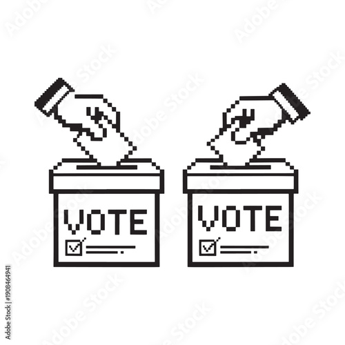 Pixelated illustration depicting two hands dropping ballots into voting boxes