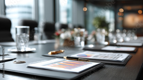 Professional business conference room with modern workspace, glass table, laptops, documents, pens, and team collaboration in a corporate environment