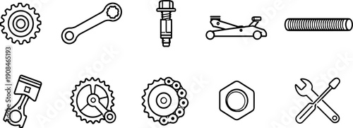 Collection of mechanical and automotive repair icons in a simple line art style