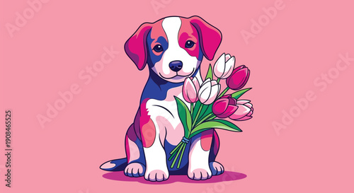 Puppy sitting with bouquet of pink and white tulips on pink background