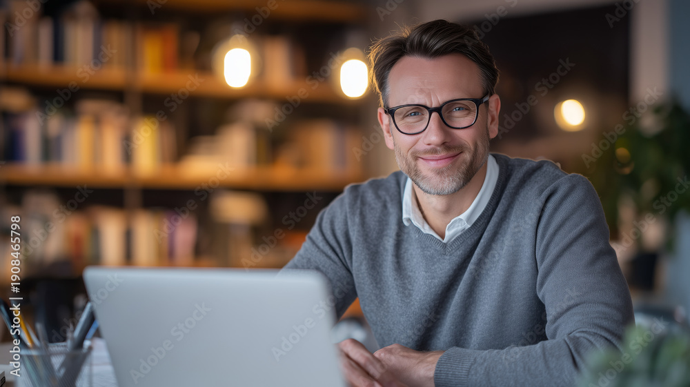 Obraz premium Teacher looking at webcam giving online lection through conference video call