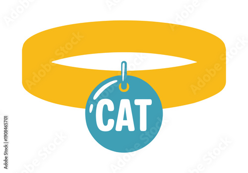 A golden pet collar with a blue circular tag featuring the word CAT in white letters.