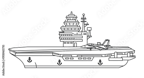 Line drawing of a modern aircraft carrier with a fighter jet