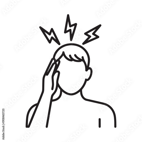 Line drawing depicting a person experiencing a headache with lightning bolts