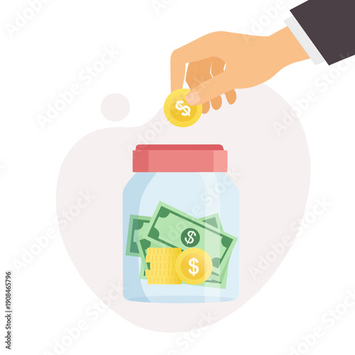 Hand putting coin into jar with money. Saving, donation or deposit concept