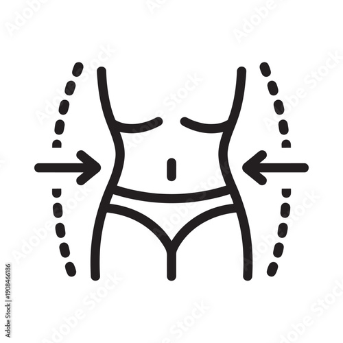 Line art illustration depicting body contouring with arrows indicating size reduction
