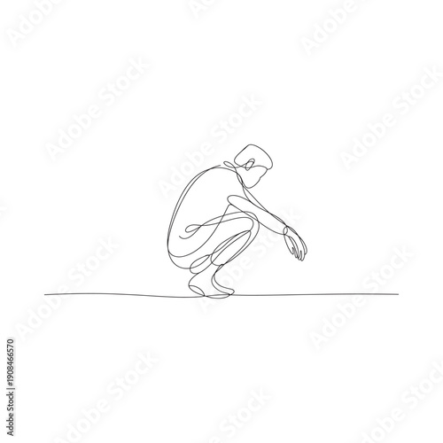 A simple one line drawing depicts a person squatting lost in thought